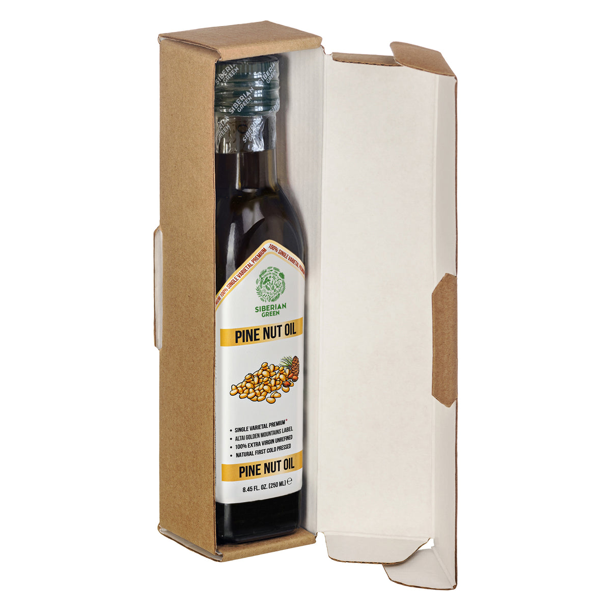 Olio di Pinolo Biologico Verde Siberiano - Spremuto a freddo | Bottiglia di vetro da 250 ml