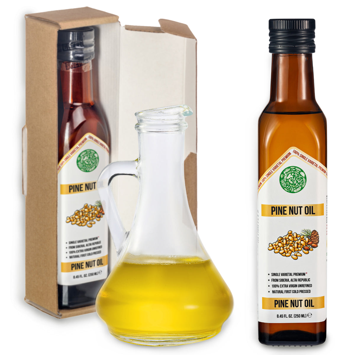 Olio di Pinolo Biologico Verde Siberiano - Spremuto a freddo | Bottiglia di vetro da 250 ml