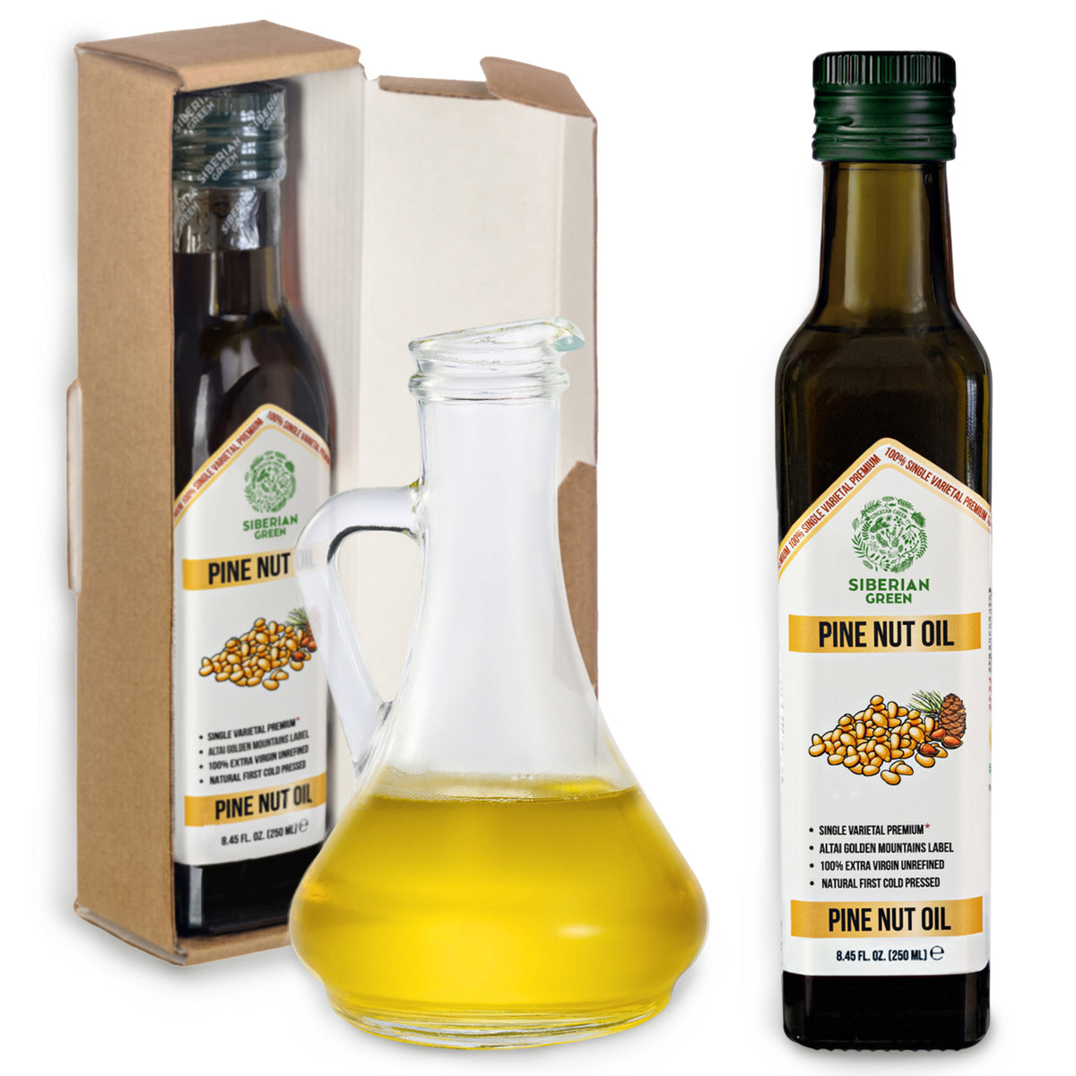 Olio di Pinolo Biologico Verde Siberiano - Spremuto a freddo | Bottiglia di vetro da 250 ml