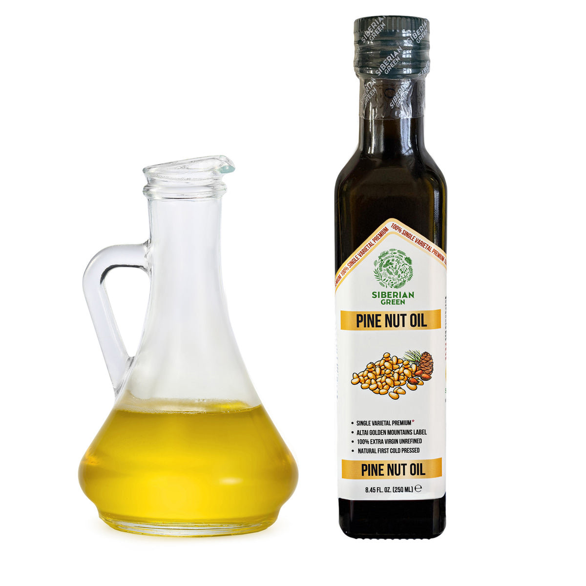Olio di Pinolo Biologico Verde Siberiano - Spremuto a freddo | Bottiglia di vetro da 250 ml