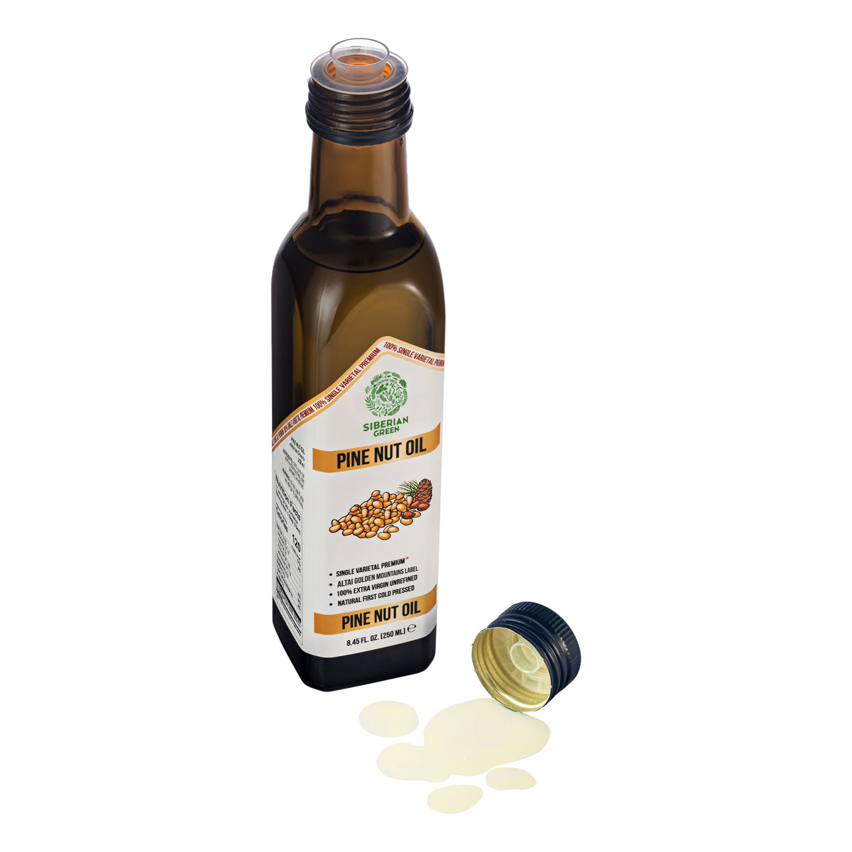 Olio di Pinolo Biologico Verde Siberiano - Spremuto a freddo | Bottiglia di vetro da 250 ml