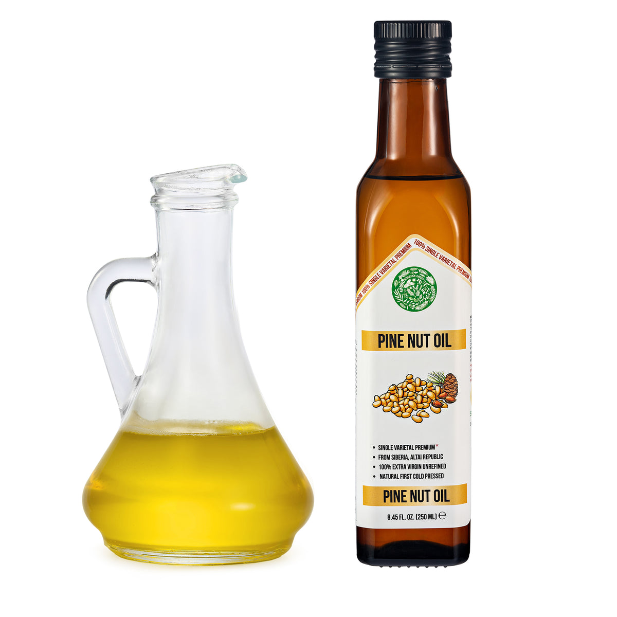 Olio di Pinolo Biologico Verde Siberiano - Spremuto a freddo | Bottiglia di vetro da 250 ml