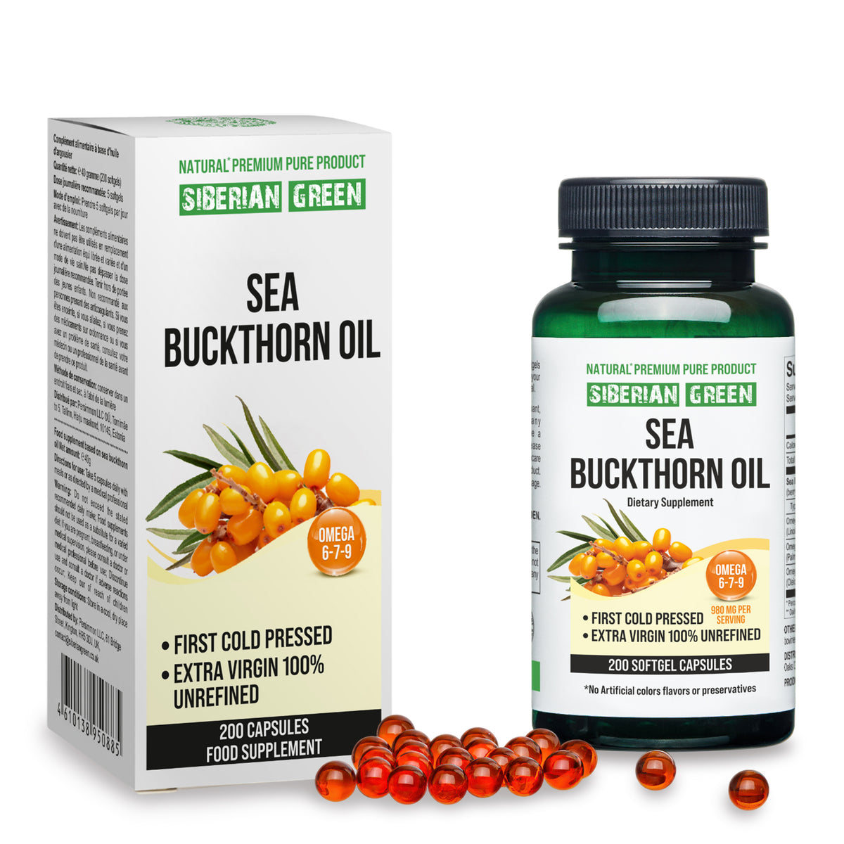 Capsule di olio di olivello spinoso siberiano - 200 capsule molli spremute a freddo
