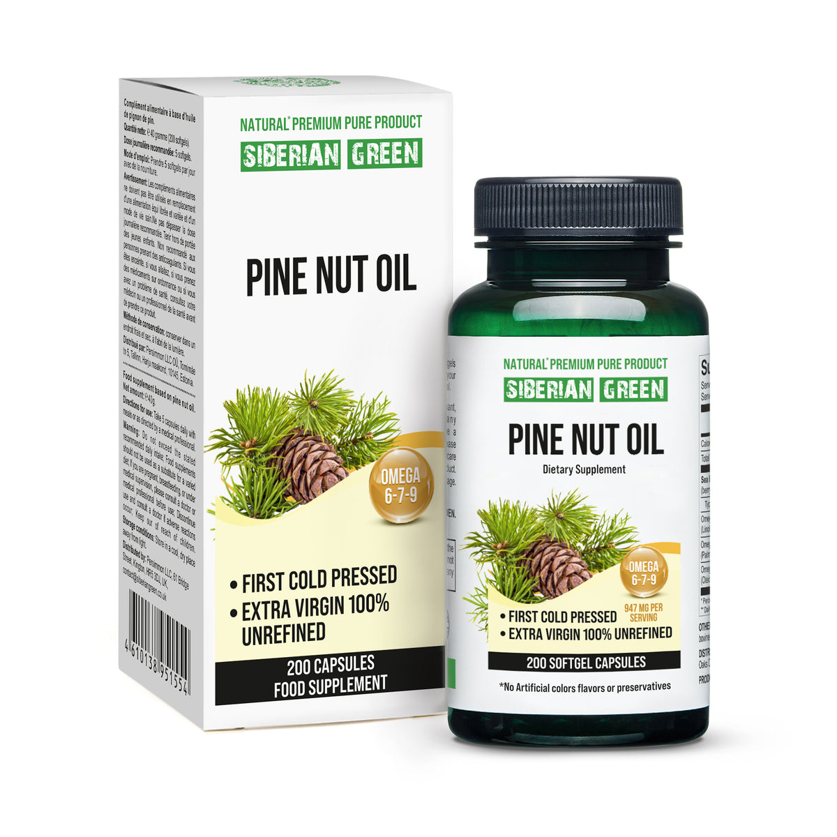 Capsule di olio di pinoli siberiani - 200 capsule molli - Raccolta selvatica e spremitura a freddo