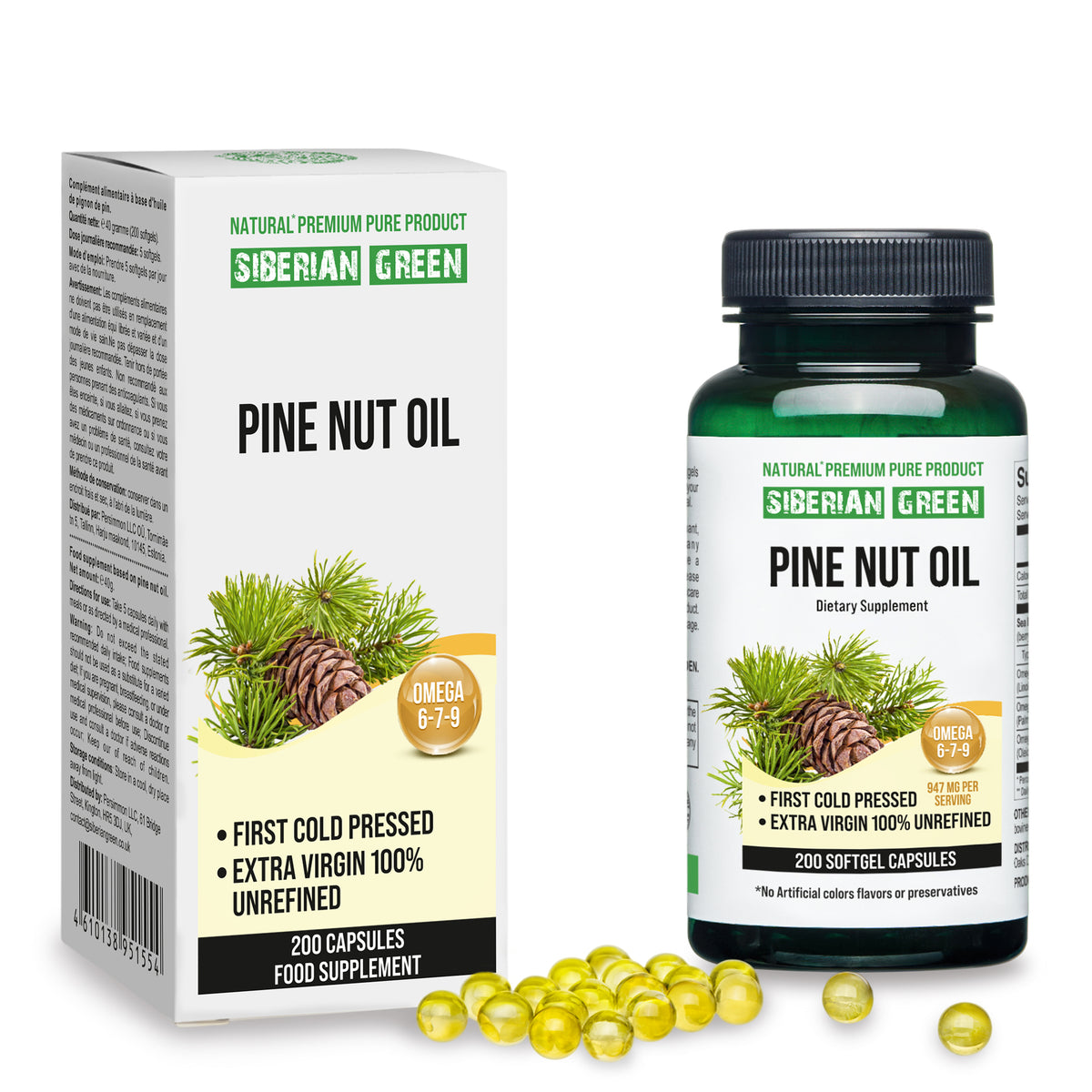 Capsule di olio di pinoli siberiani - 200 capsule molli - Raccolta selvatica e spremitura a freddo