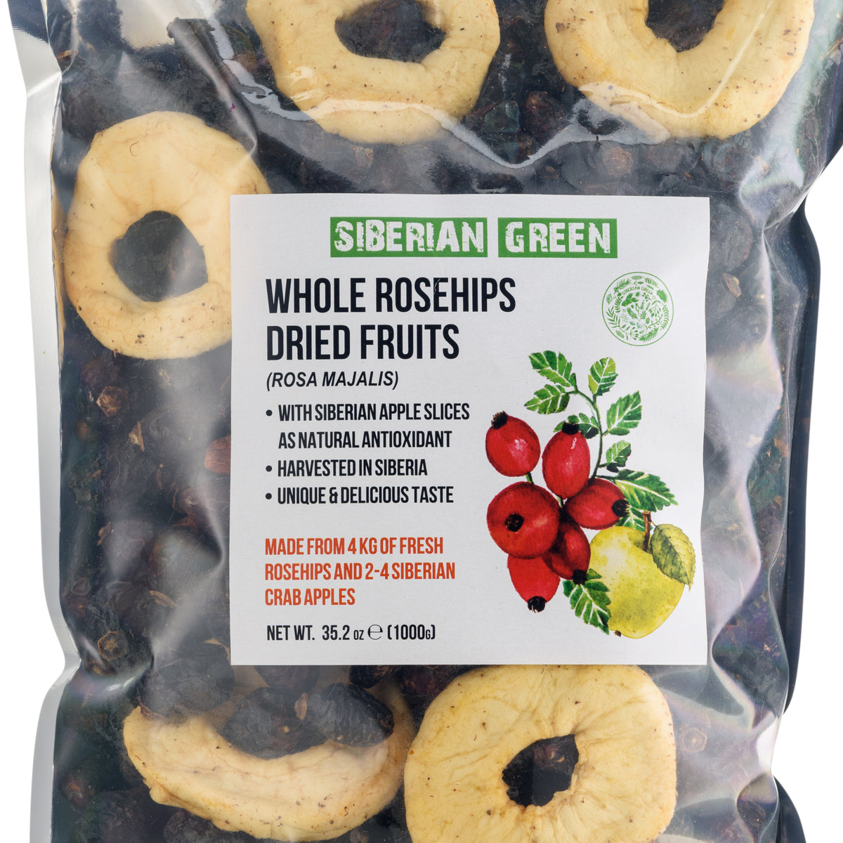 Semi interi di rosa canina essiccata siberiana con fettine di mela - 1 kg | Prodotto conservato con tutti i nutrienti naturali