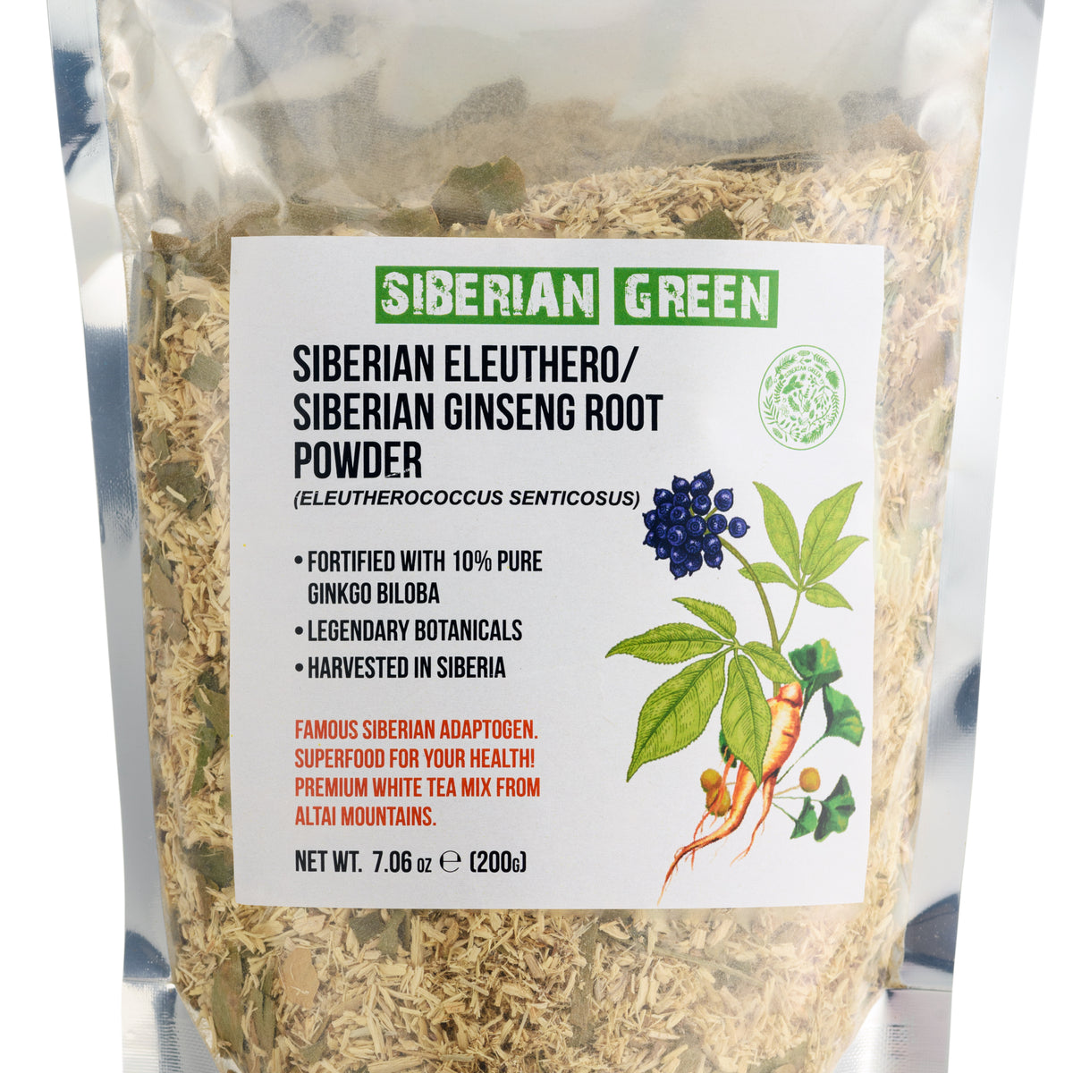 Polvere di radice di Ginseng siberiano con Ginkgo Biloba - 200g | Radice di Eleuthero 100% naturale dalla Taiga di Altai
