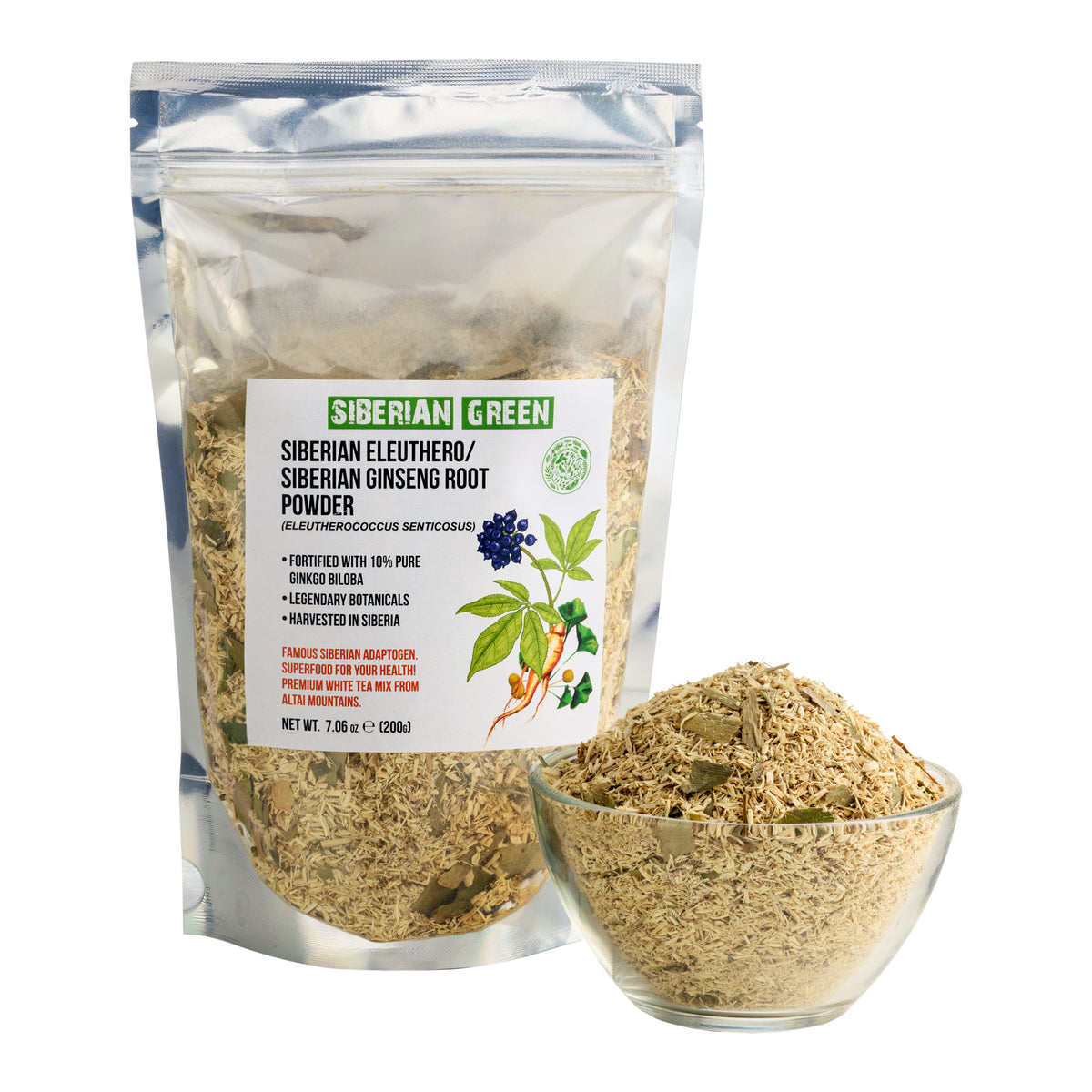 Polvere di radice di Ginseng siberiano con Ginkgo Biloba - 200g | Radice di Eleuthero 100% naturale dalla Taiga di Altai