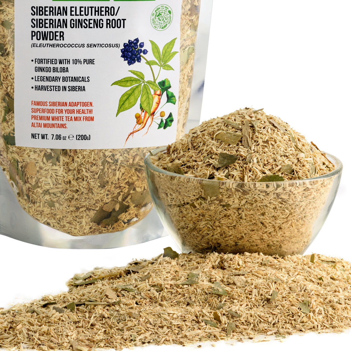 Polvere di radice di Ginseng siberiano con Ginkgo Biloba - 200g | Radice di Eleuthero 100% naturale dalla Taiga di Altai