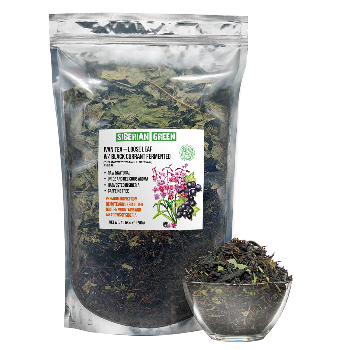 Tè verde siberiano Ivan - 300 g (10,58 oz) | Premium Ivan-Chai fermentato in foglie sfuse con foglie di ribes nero