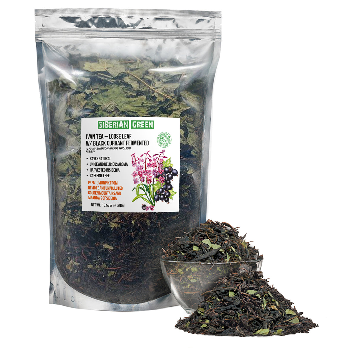 Tè verde siberiano Ivan - 300 g (10,58 oz) | Premium Ivan-Chai fermentato in foglie sfuse con foglie di ribes nero