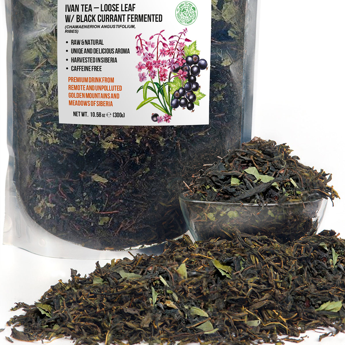 Tè verde siberiano Ivan - 300 g (10,58 oz) | Premium Ivan-Chai fermentato in foglie sfuse con foglie di ribes nero