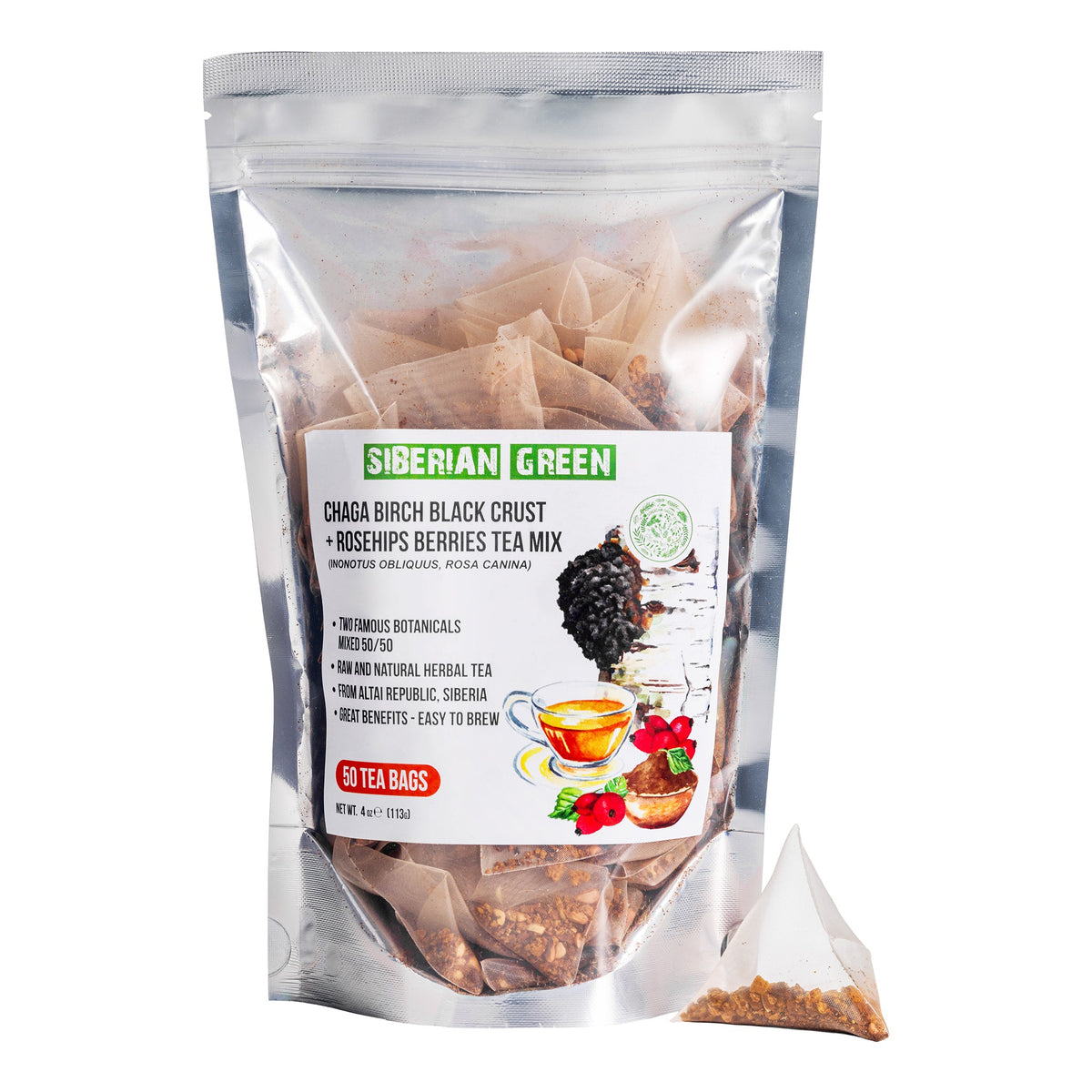 Tè di Chaga e Rosa canina di prima qualità, raccolti in natura, per il sostegno delle difese immunitarie.