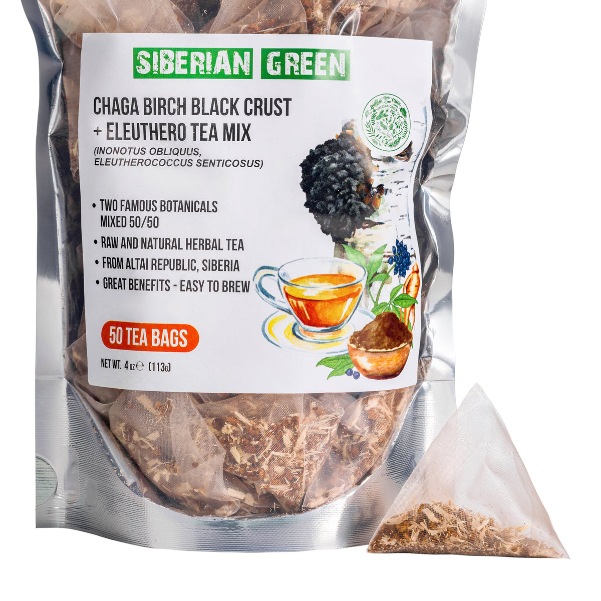 Tè verde Chaga siberiano con confezione di radice di Eleuthero