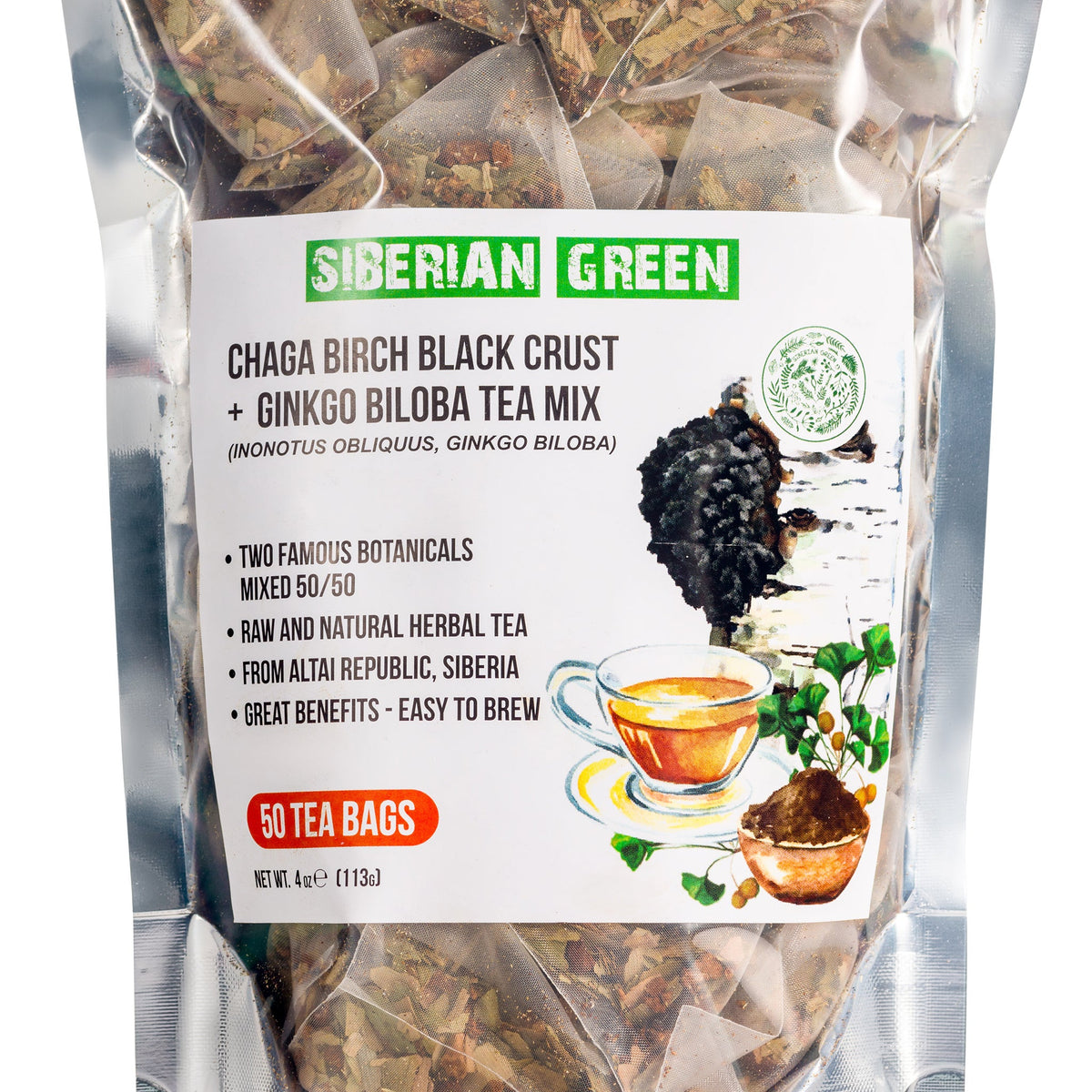 Primo piano delle bustine di tè Ginkgo Biloba e Chaga