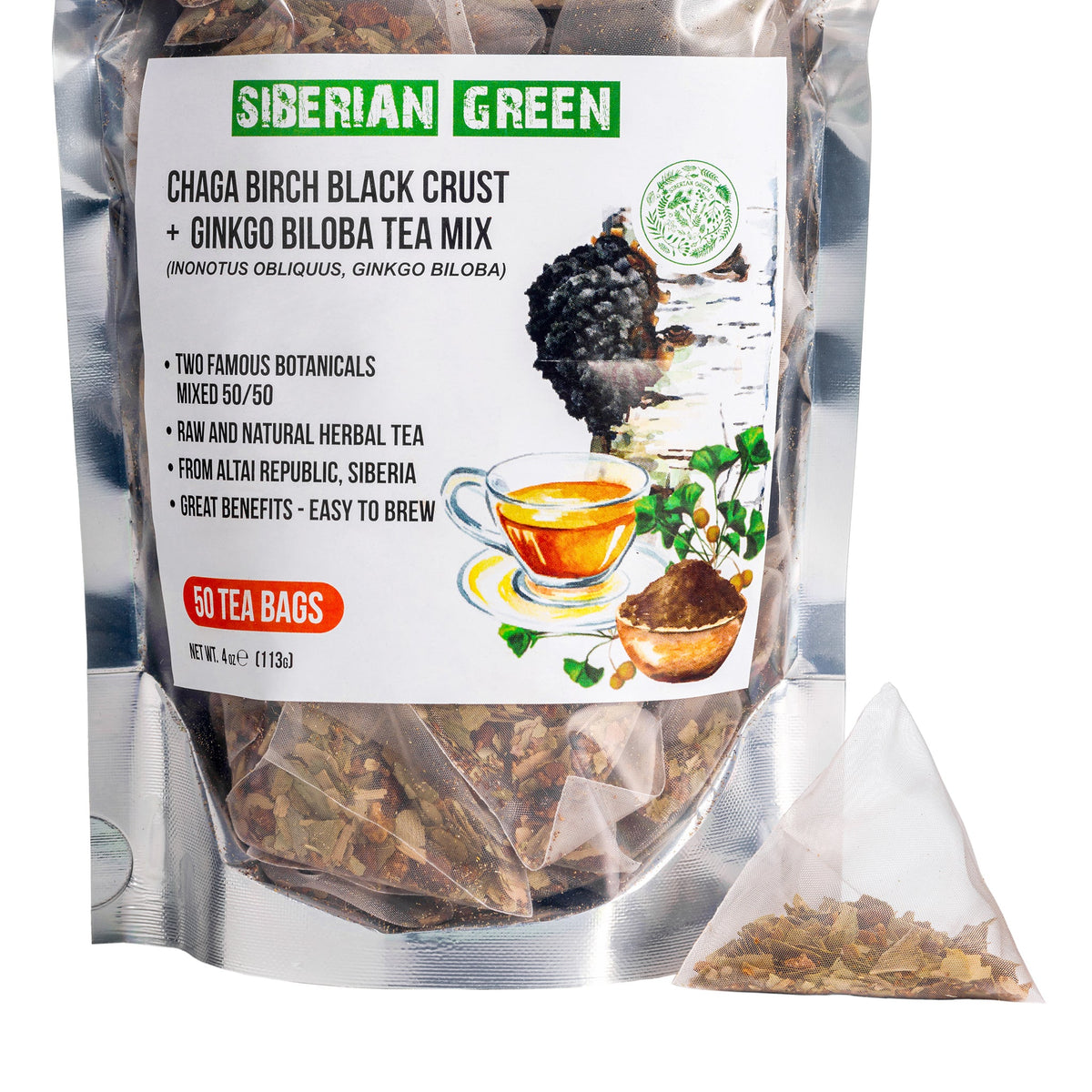 Tè verde siberiano al ginkgo biloba con confezione di chaga