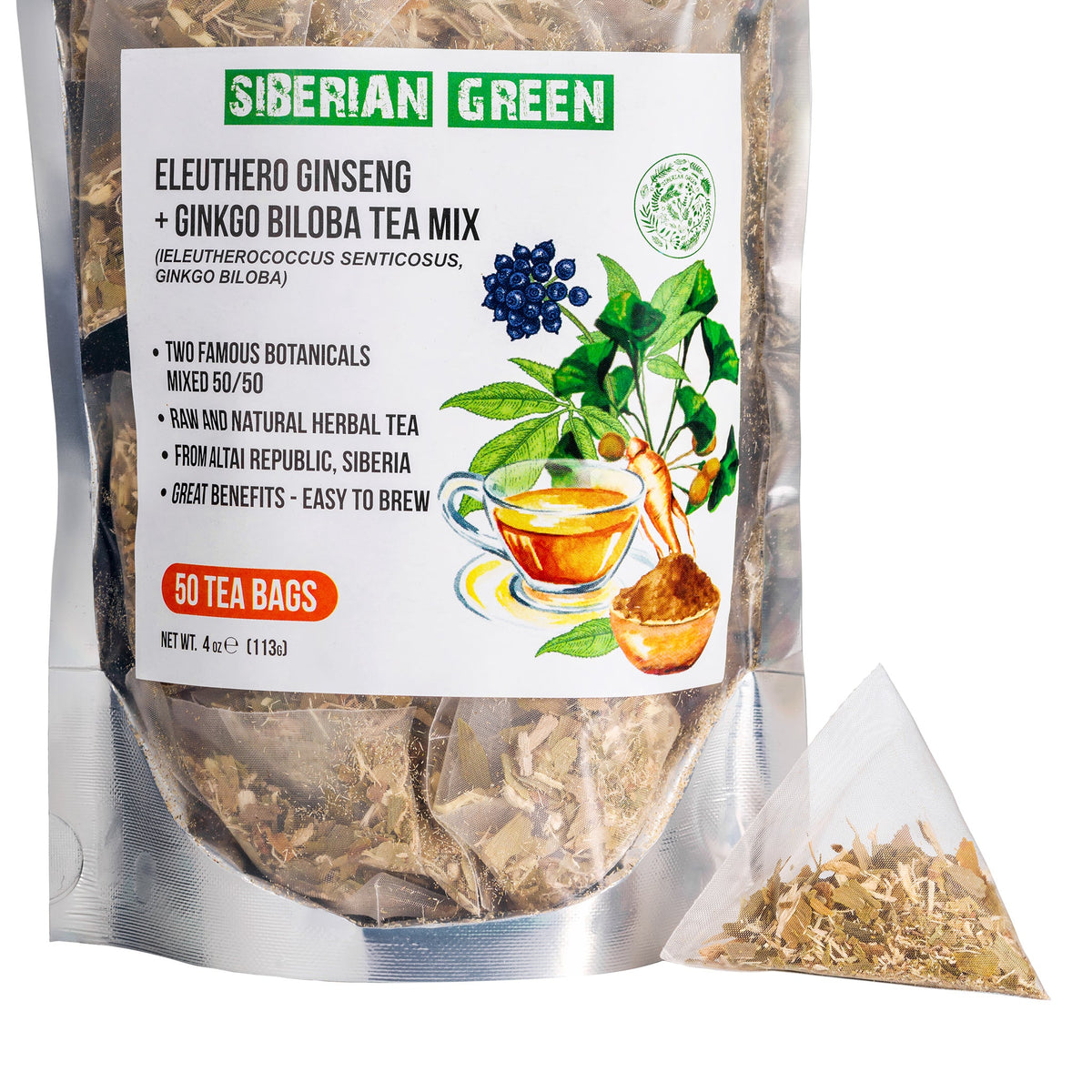 Tè verde siberiano di ginkgo biloba e radice di eleuterio - confezione da 50 bustine