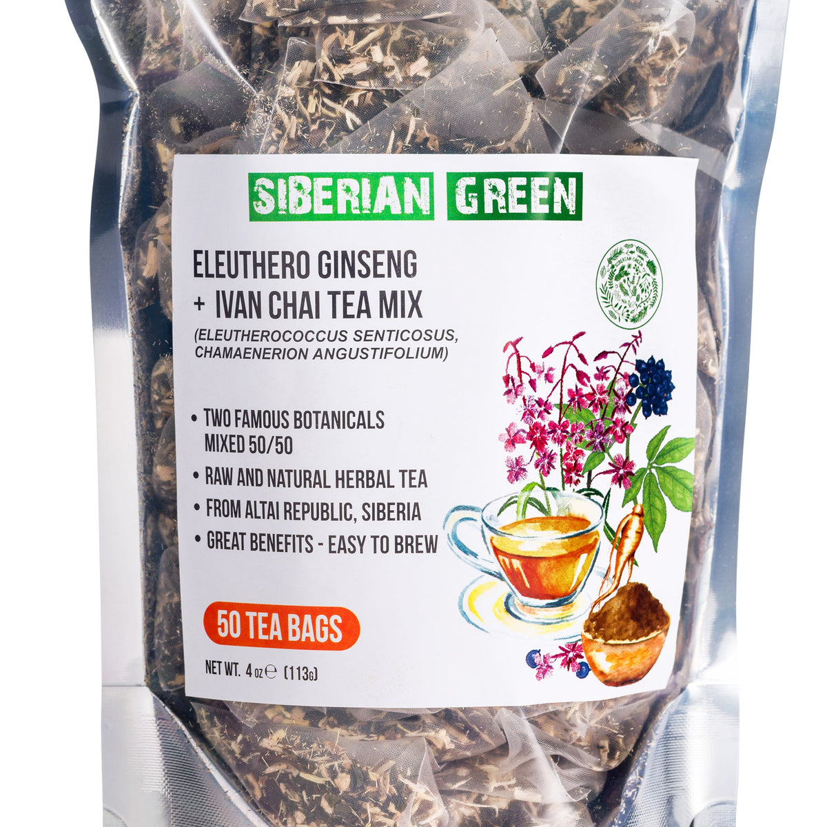 Infuso di radice di Eleuthero e tè di Ivan per l'energia e il benessere.