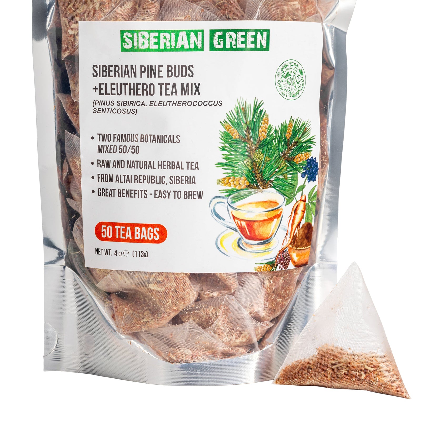 Tè di radice di eleuterio siberiano e gemme di pino 